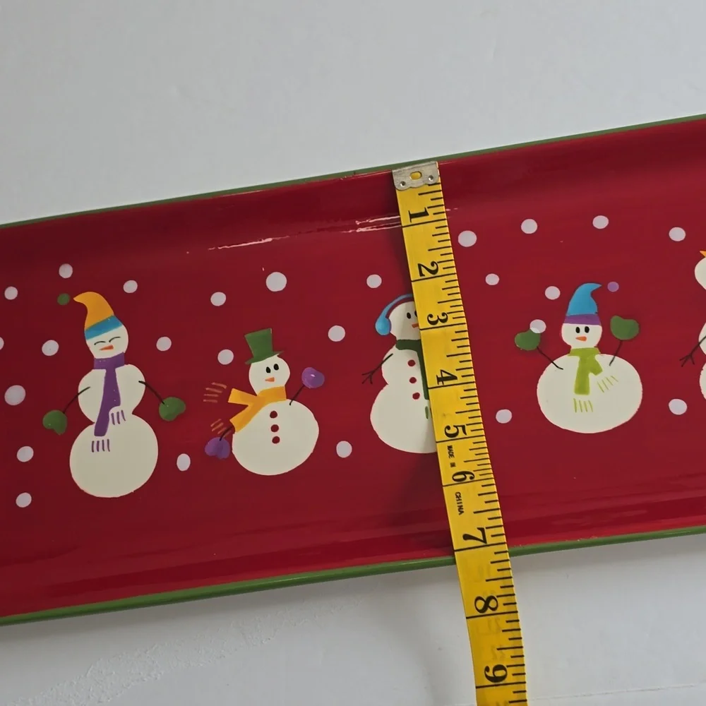 Pier 1 Retired Snowman Family Serving Platter Handpainted Dolomite Red 18.5
